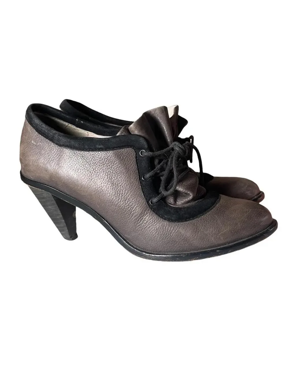 Plenty by Tracy Reese Wayne Oxford Heels 7 37.5 Gray Black Lace Up Bootie Retro